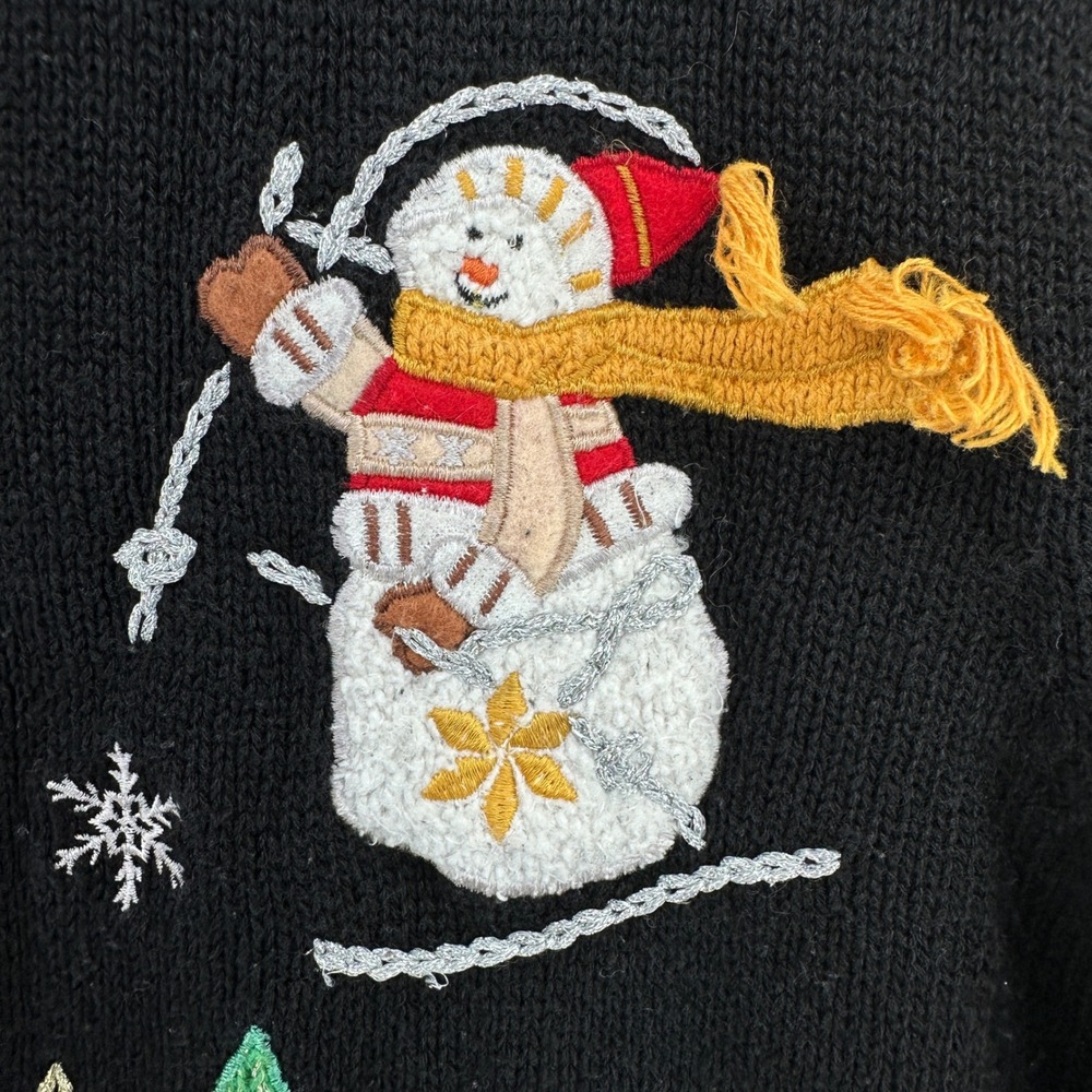 90s Reference Point Holiday Snowman Christmas Tree Cardigan Sweater Black M VTG - Picture 9 of 10
